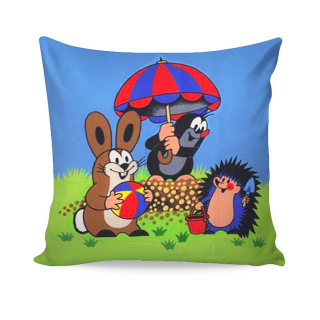 Povlak na polštářek 40 x 40 cm - Krtek s lopatkou a deštníkem