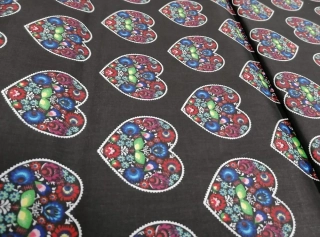 Bavlna - metráž - černé srdce kroj